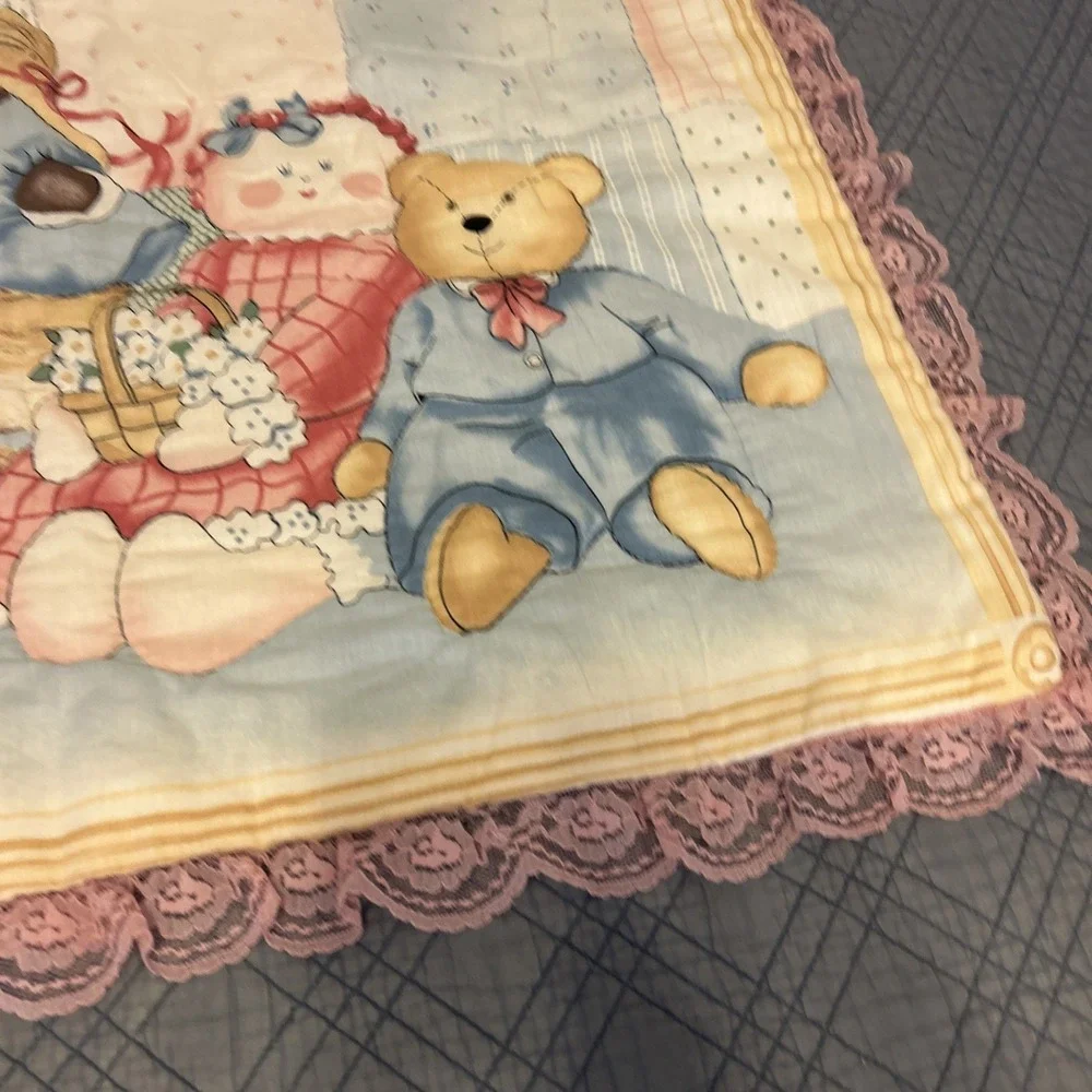 Vintage Country Bear Friends Baby Nursery Quilt Blanket 27x36 Cottagecore